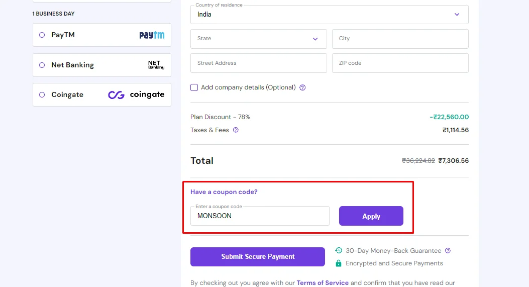 Example of coupon code